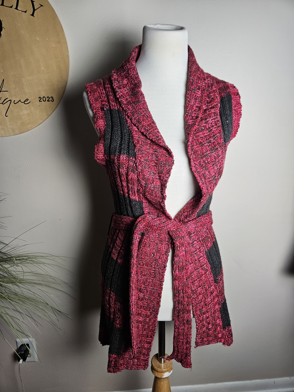 Wet Seal Pink & Black Sleeveless Shawl Cardigan with Tie Belt